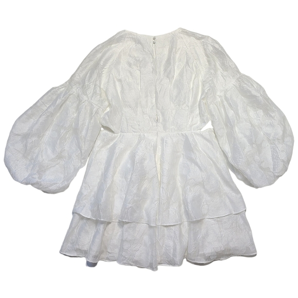 Showpo. Allea Jacquard V Neck Balloon Sleeve Tiered Mini Dress White - Picture 7 of 8